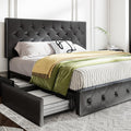 MUTICOR King Size Bed Frame with 4 Storage Drawers, Upholstered Platform Bed with Button Tufted Adjustable Headboard, No Box Spring Needed, Easy Assembly, Diamond Tufted, Black Leather