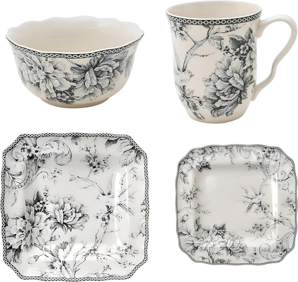 222 Fifth Adelaide Grey 16-Piece Floral Porcelain Dinnerware Set | Microwave and Dishwasher Safe Dining Set for 4 | Stackable and Chip-Resistant Plates Bowls and Cups | Gift for Housewarming & Wedding