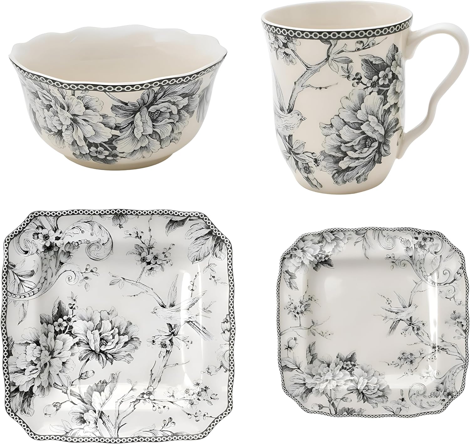 222 Fifth Adelaide Grey 16-Piece Floral Porcelain Dinnerware Set | Microwave and Dishwasher Safe Dining Set for 4 | Stackable and Chip-Resistant Plates Bowls and Cups | Gift for Housewarming & Wedding
