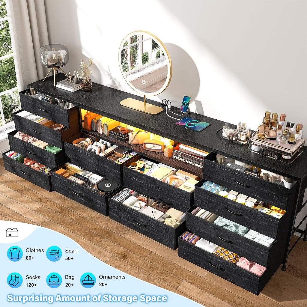 EnHomee Fits 65,70 inch TV Stand, 63' W Dresser TV Stand with LED Lights & Power Outlets, Entertainment Center with 12 Fabric Drawers Long Dresser for Bedroom, Living Room, Hallway, Black