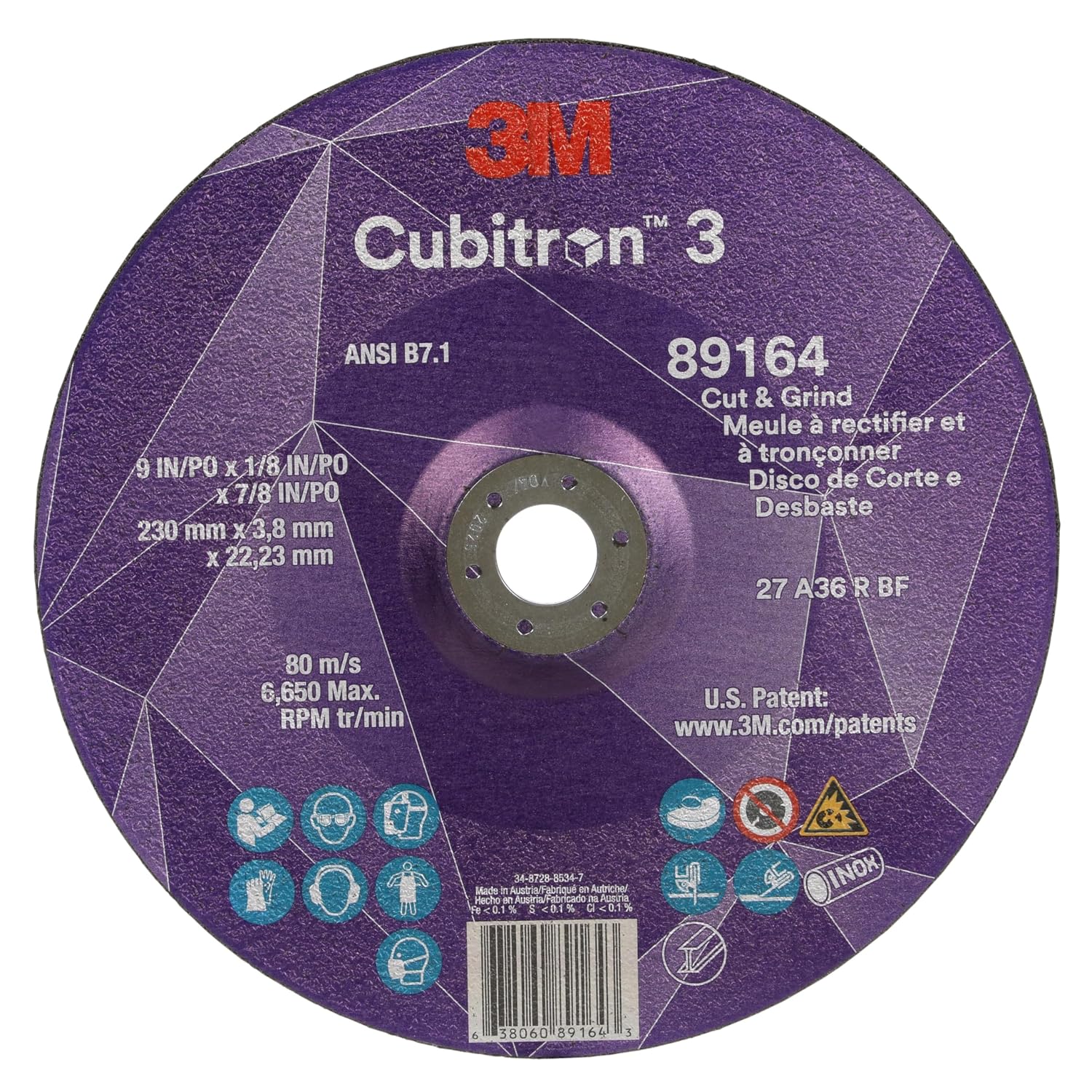 3M Cubitron 3 Cut and Grind Wheel, 89164, 36+, T27, 9 in x 1/8 in x 7/8 in, Pack of 10, ANSI, Longer Life, Faster Cut, Back-Gouging, Fillet Weld Removal, Cutting, Grinding