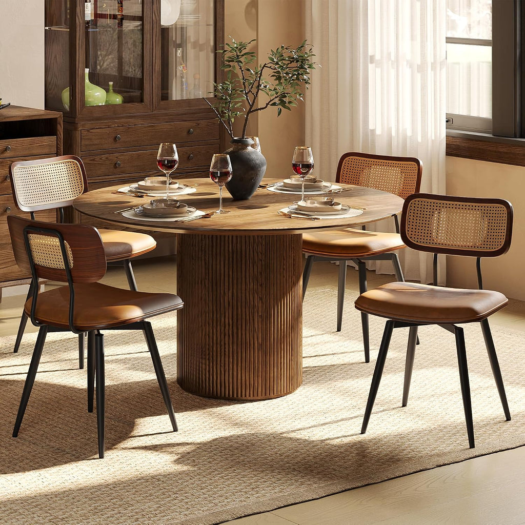 Dining Chairs, Swivel Dining Chairs Set of 4, Faux Leather & Rattan Walnut Dining Room Chairs, Bentwood & Metal Frame Upholstered Chairs with 360°Rotation, Modern Kitchen/Living Room Chair (Brown)