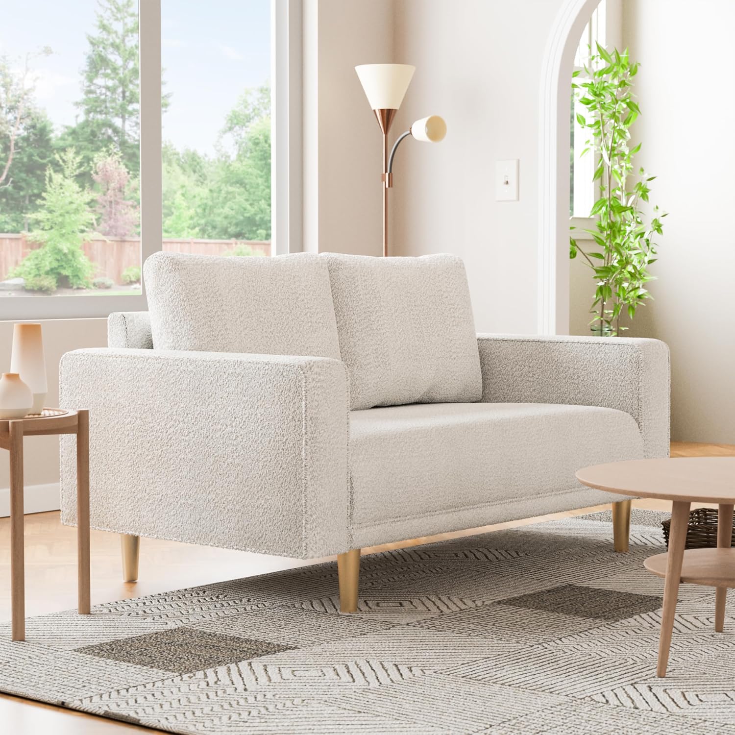 Furniture of America Oriana Contemporary Boucle Loveseat Couch with Back Pillows and Wooden Legs, Comfy Fabric Upholstered Small Sofa for Living Room, Bedroom, Home Office, Off-White