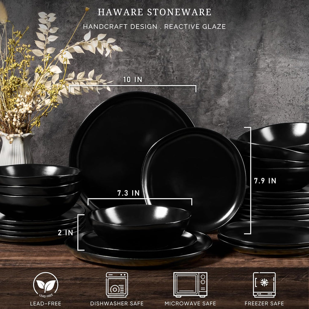 HaWare Dinnerware Sets, 24-Piece Stoneware Plates and Bowls Set, Dish Set for 8, Ceramic Dishware for Home Restaurant, Chip and Scratch Resistant, Microwave and Dishwasher Safe, Matte Black