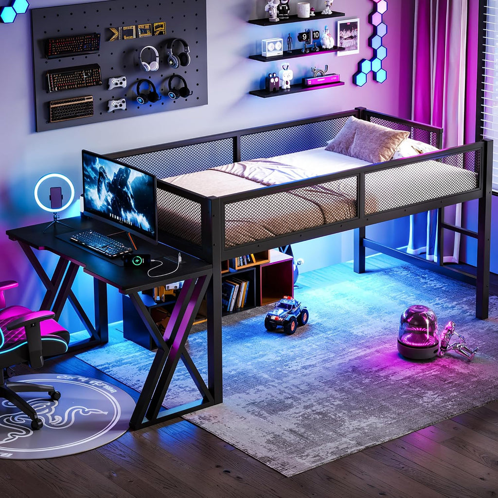 Twin XL Size Gaming Loft Bed with Desk of X-Shaped Leg, LED Lights & USB Ports, Space-Saving Low Metal Loft Bed Frame with Ladder & Mesh Guardrail for Dorm, Bedroom & Gaming Setups (Black-03, Twin XL)