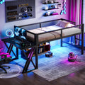 Twin XL Size Gaming Loft Bed with Desk of X-Shaped Leg, LED Lights & USB Ports, Space-Saving Low Metal Loft Bed Frame with Ladder & Mesh Guardrail for Dorm, Bedroom & Gaming Setups (Black-03, Twin XL)
