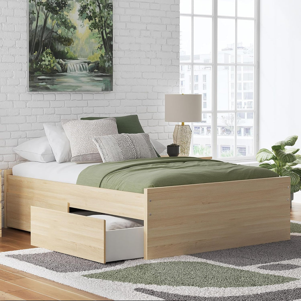 Signature Design by Ashley Onita Scandinavian 4-Drawer Full Platform Bed with 2 Side Storage, Foundation or Box Spring Not Needed, Light Brown