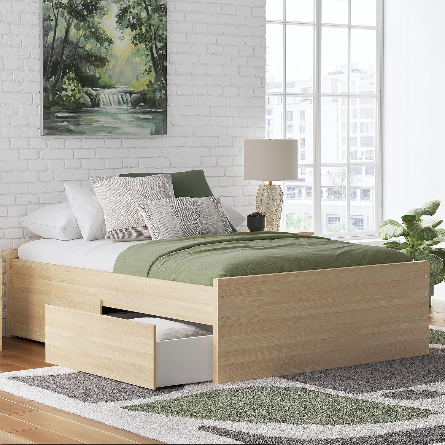 Signature Design by Ashley Onita Scandinavian 4-Drawer Full Platform Bed with 2 Side Storage, Foundation or Box Spring Not Needed, Light Brown