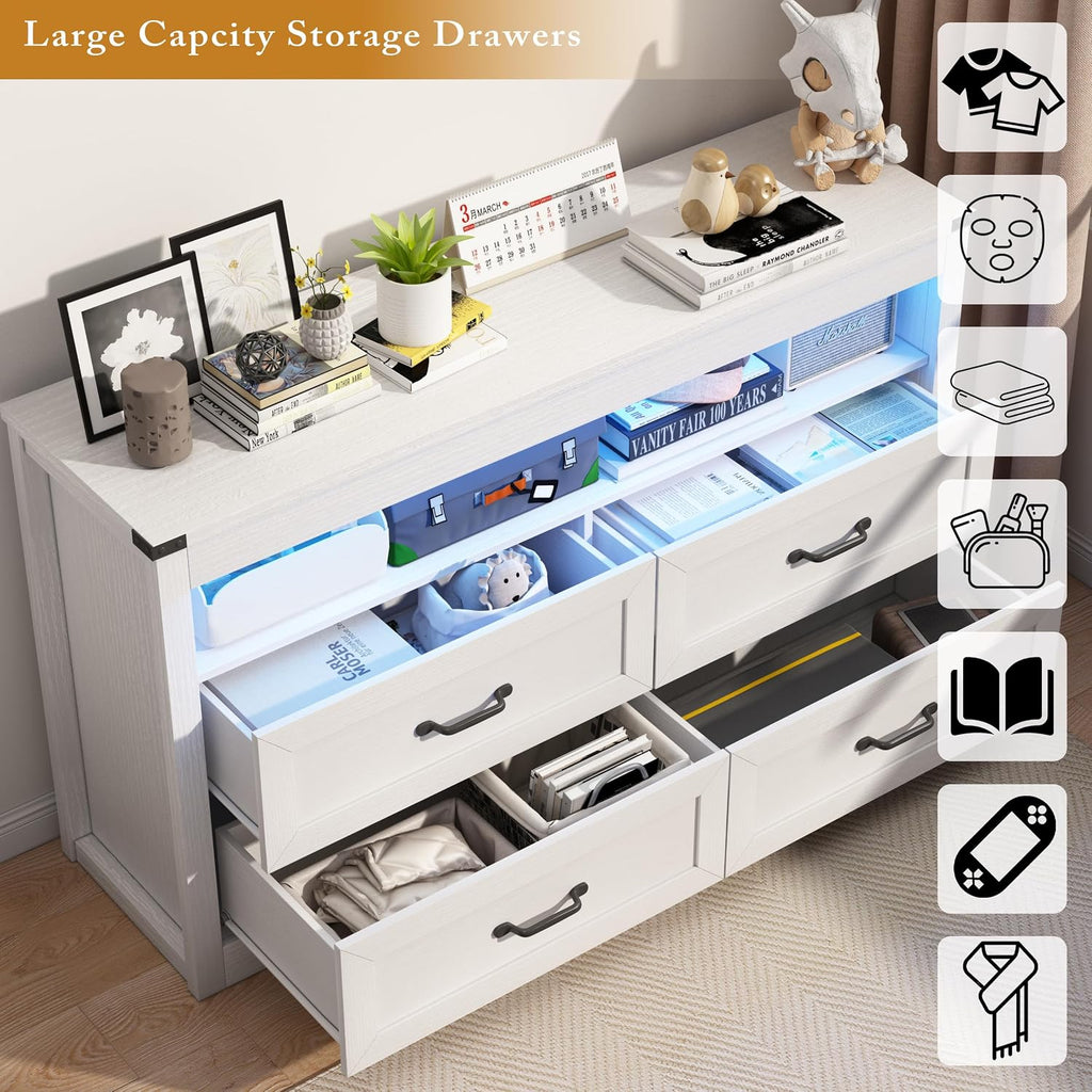 Wodeer White Dresser for Bedroom, Wood 4 Drawer Dresser with LED Light, Dressers & Chests of Drawers with Metal Handles, Storage and Organization for Bedroom, Hallway, Entryway