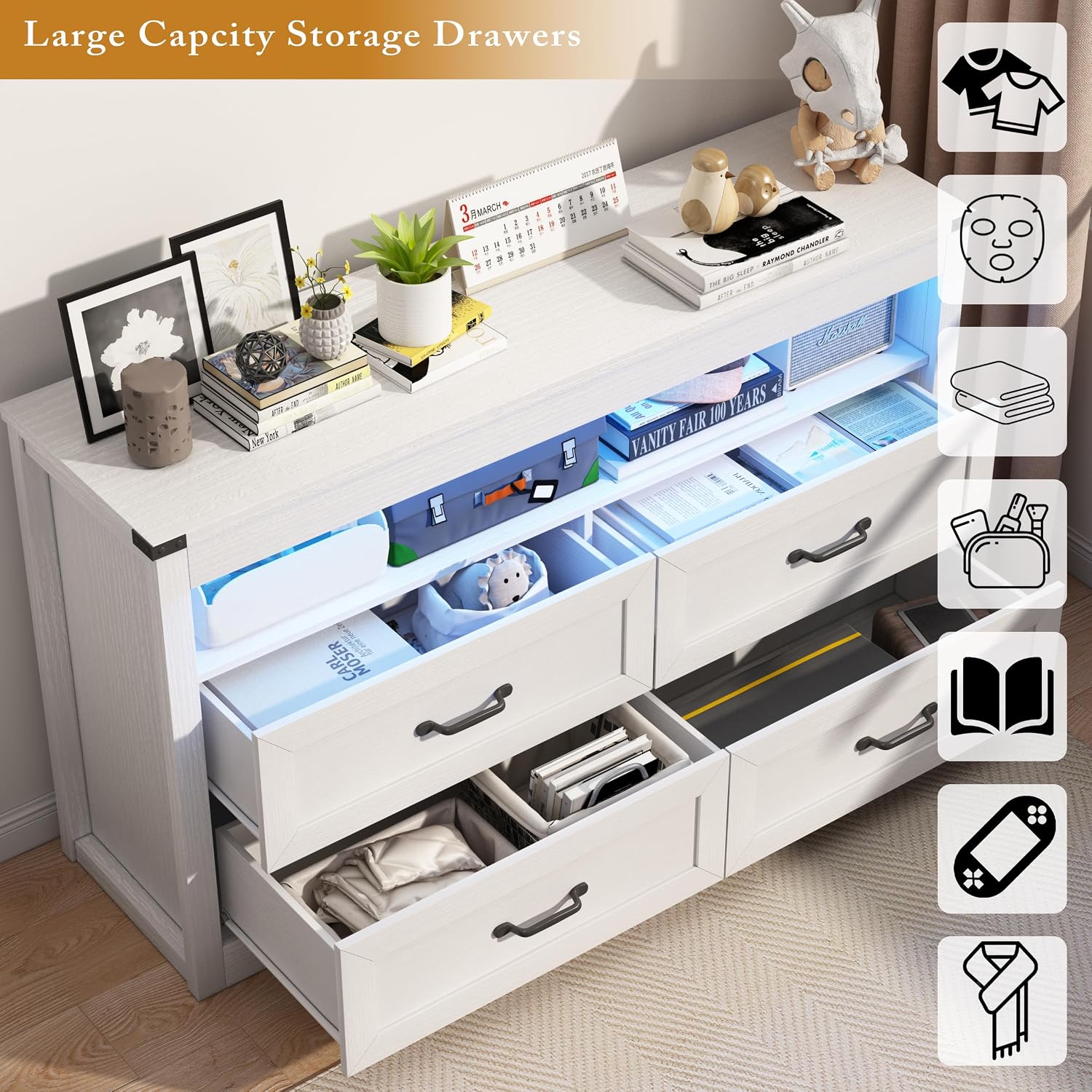 Wodeer White Dresser for Bedroom, Wood 4 Drawer Dresser with LED Light, Dressers & Chests of Drawers with Metal Handles, Storage and Organization for Bedroom, Hallway, Entryway