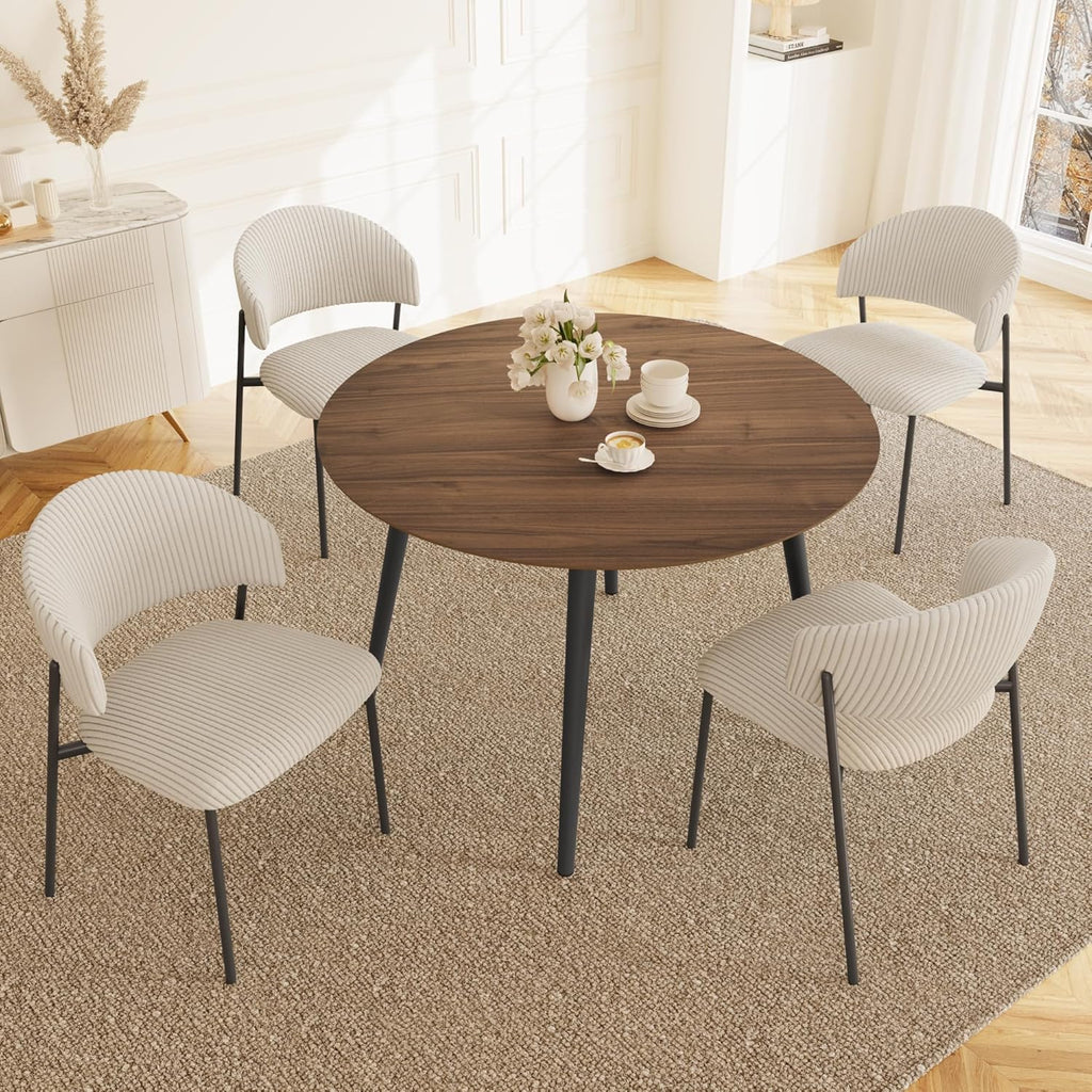 HIPIHOM 43.3 Inch Round Dining Table Set for 4, Modern Small Kitchen Coffee Set for Dining Room Kitchen Apartment (Walnut Table + 4 White Shell Chairs)