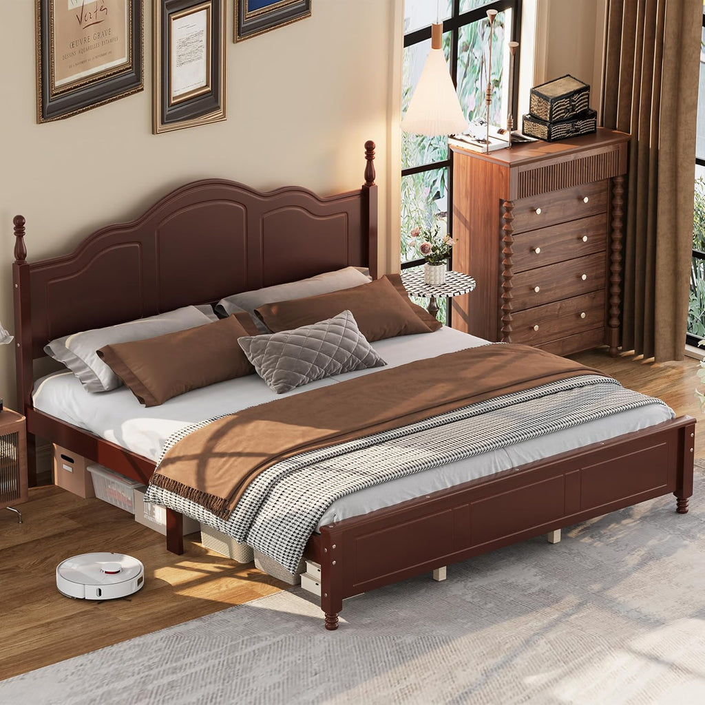 JIVOIT Wood King Bed Frame with Headboard and Footboard, Retro Style Platform Bed with Wooden Slat Support, Solid Wood Foundation, King Size Wooden Bed Frame (Dark Walnut,King Bed, 1)