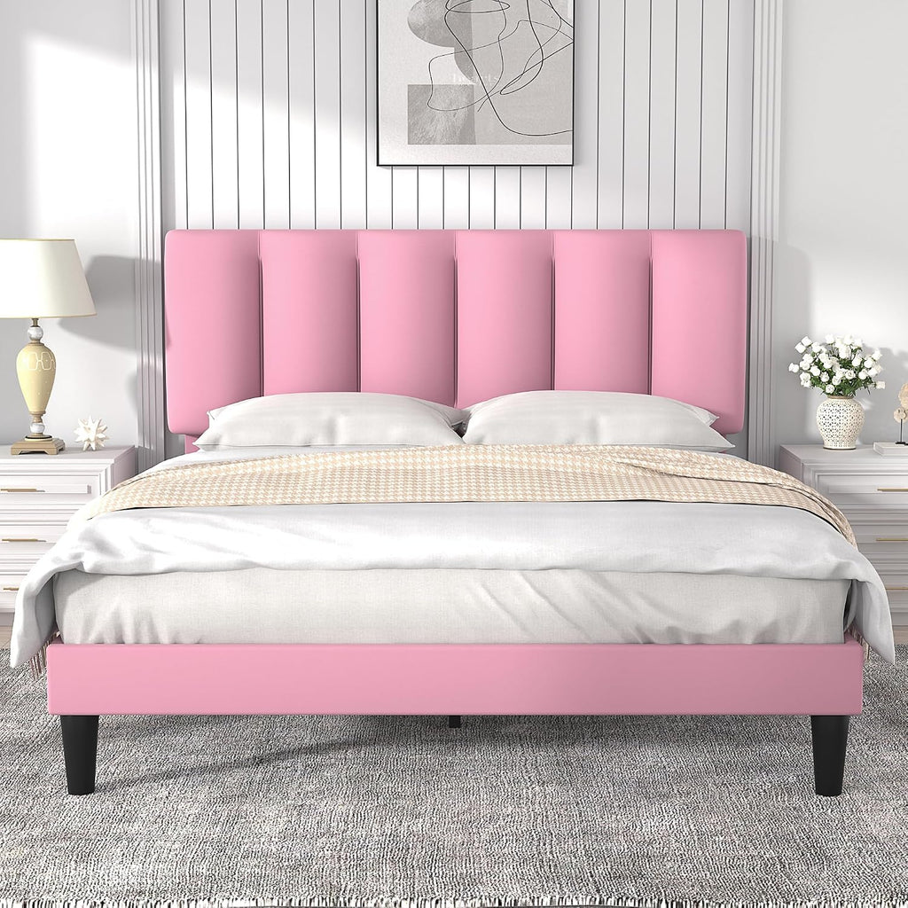 VECELO Full Bed Frames, Upholstered Platform Bedframe, Adjustable Headboard, Wood Slat Support, No Box Spring Needed, Easy Assembly, Cherry Pink