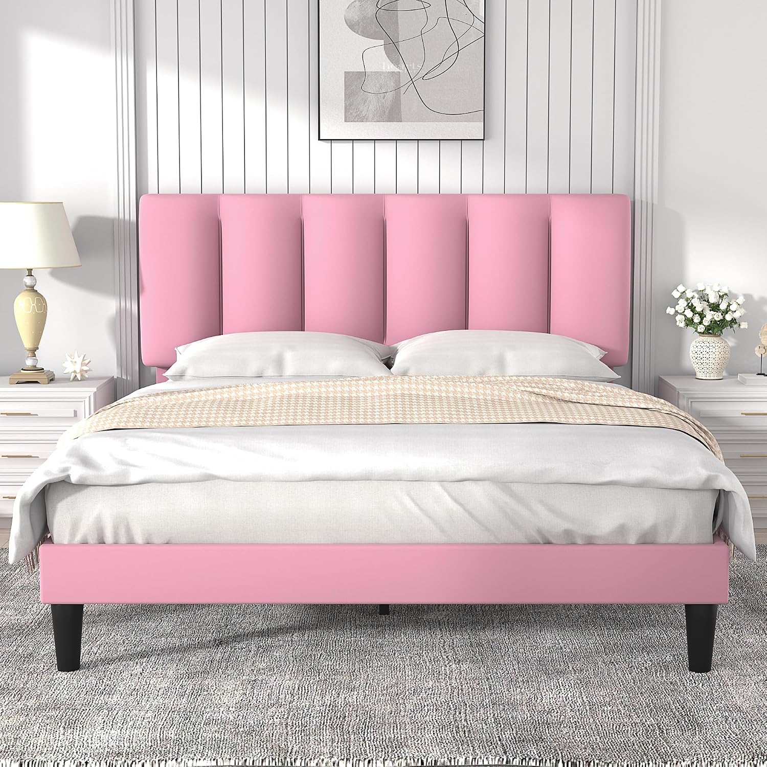 VECELO Full Bed Frames, Upholstered Platform Bedframe, Adjustable Headboard, Wood Slat Support, No Box Spring Needed, Easy Assembly, Cherry Pink