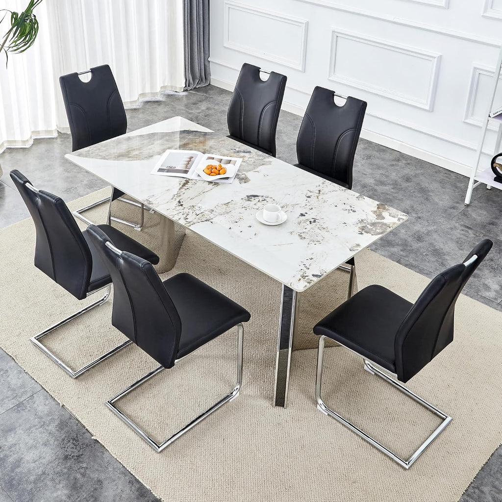 Dining Chairs Set of 8 Modern PU Kitchen Chairs with High Back,Soft Cushion Chrome Metal Legs for Dining Room,Living Room, Bedroom (Black+Silver, Set of 8)