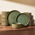 Stoneware Plates and Bowls Dishes Sets Service for 6 (18-Piece), Famiware Premium Handcrafted Reactive Glaze Dinnerware Set with Raised Rim, Scratch Resistant, Microwave Dishwasher Safe, Moss