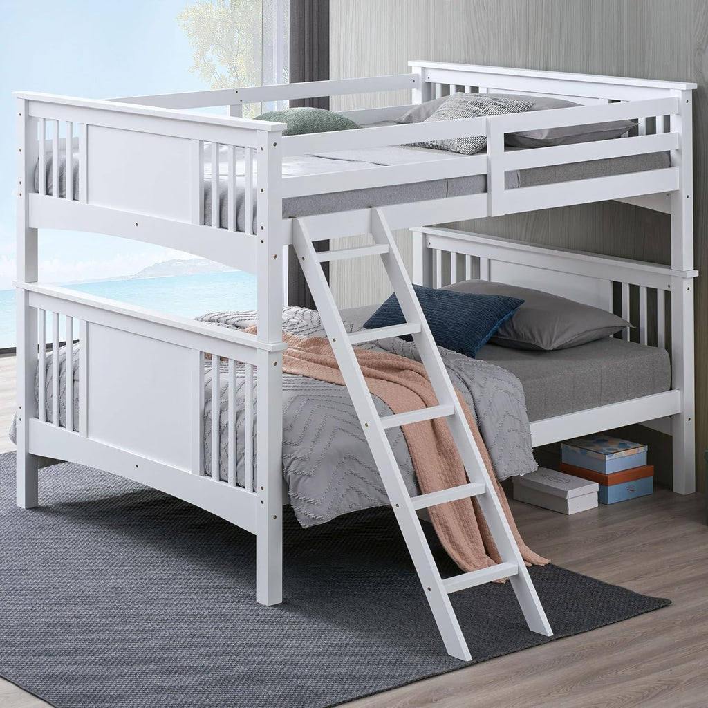 Furniture of America Althea Modern Solid Wood Full Over Full Bunk Bed with Angeled Ladder, No Box Spring Required, for Kids, Boys, Girls, Bedroom, Dorm, White