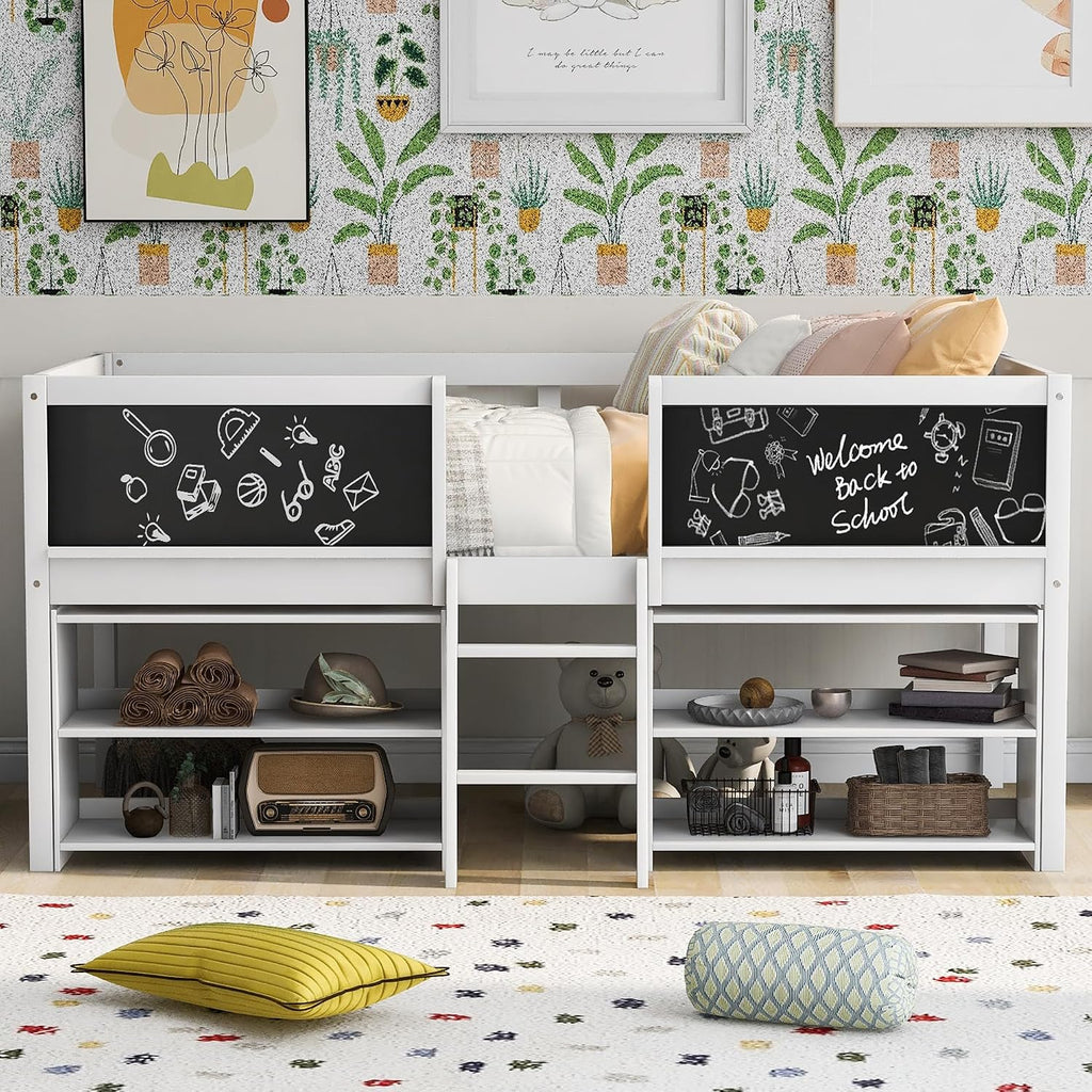 JIVOIT Twin Size Low Loft Bed with Decorative Guardrail Chalkboard, Wooden Loft Bed Frame with Two Movable Shelves and Ladder, Space Saving Design for Kids Teens Bedroom (White & 4 Chalkboard)