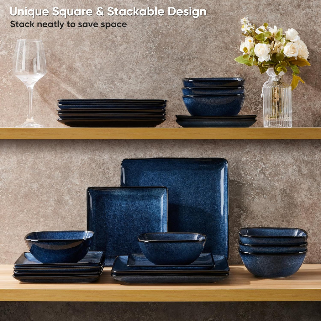 E-far Square Dinnerware Sets for 8, 24-Piece Stoneware Plates and Bowls Dishes Set, Reactive Glaze Porcelain Dishware Sets, Chip & Scratch Resistant, Microwave & Dishwasher Safe, Deep Sea Blue