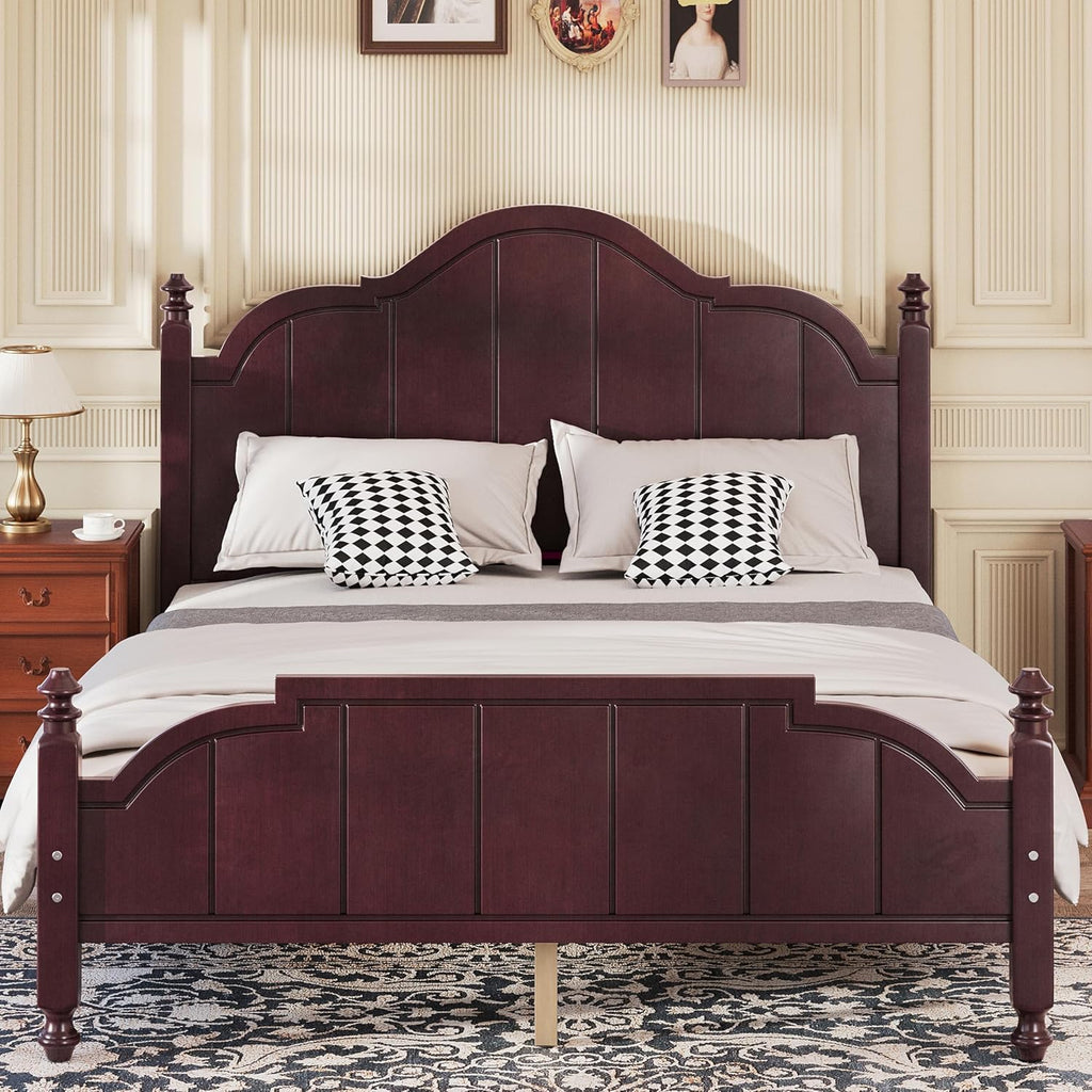 JIVOIT Vintage Wooden Bed Frame, Queen Size Platform Bed with Wide Headboard, Wood Slats Support, No Spring Box Needed, Easy Assembly (Espresso-Queen,2)