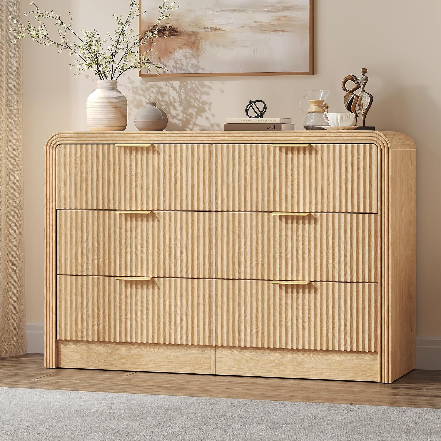 Decofy Fluted Drawers Dresser for Bedroom, Wood Dressers with Gold Handles, Modern Dressers with Wave Texture, Large Storage Chest of Drawers, Bedroom Dresser Organizer 47'' & 6 Drawers (Natural Oak)