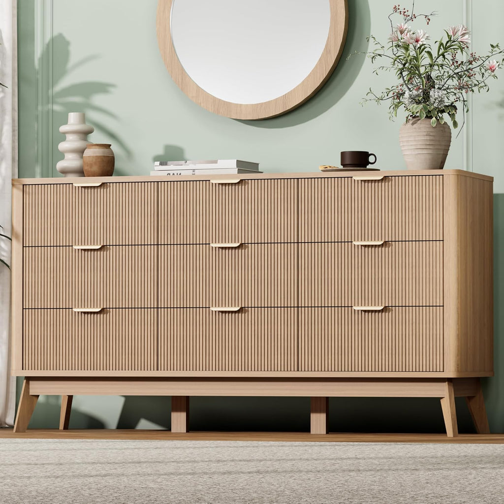 Royal Windsor Fluted 9 Drawers Dresser for Bedroom,59' Wide Wooden Dresser Chest of Drawers,Curved Profile Design,Storage Organizer for Living Room,Hallway,Natural Oak