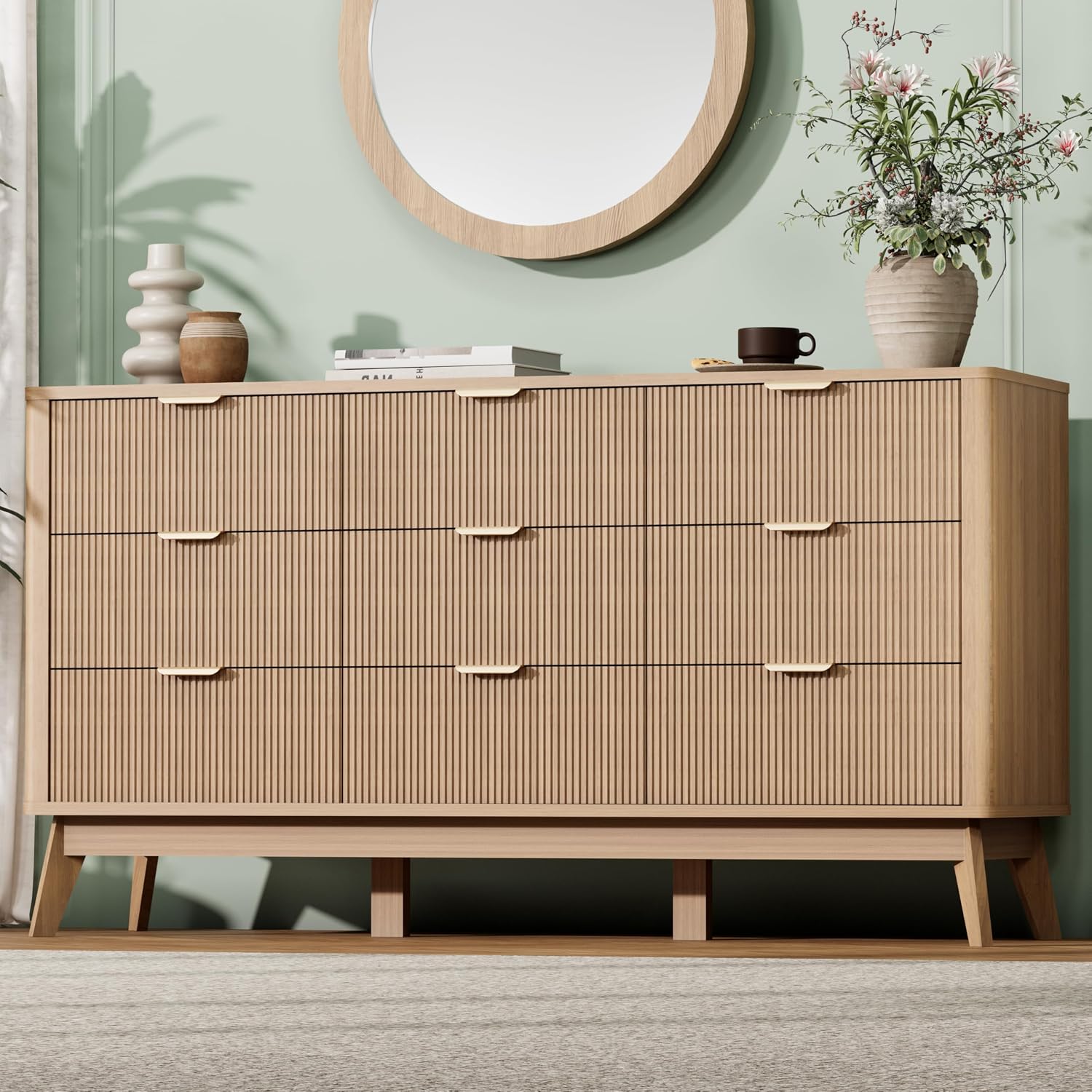 Royal Windsor Fluted 9 Drawers Dresser for Bedroom,59' Wide Wooden Dresser Chest of Drawers,Curved Profile Design,Storage Organizer for Living Room,Hallway,Natural Oak