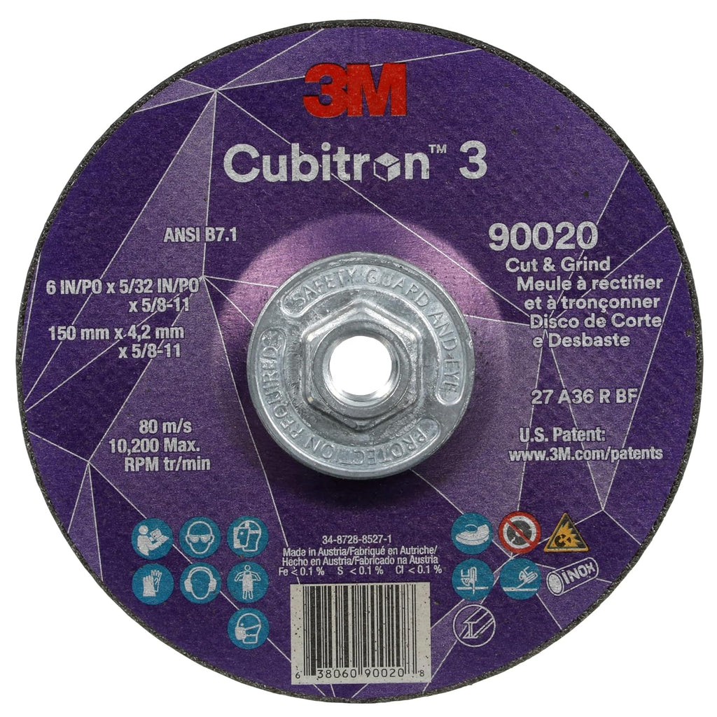 3M Cubitron 3 Cut and Grind Wheel, 90020, 36+, T27, 6 in x 5/32 in x 5/8 in-11, Pack of 10, ANSI, Longer Life, Faster Cut, Back-Gouging, Fillet Weld Removal, Cutting, Grinding
