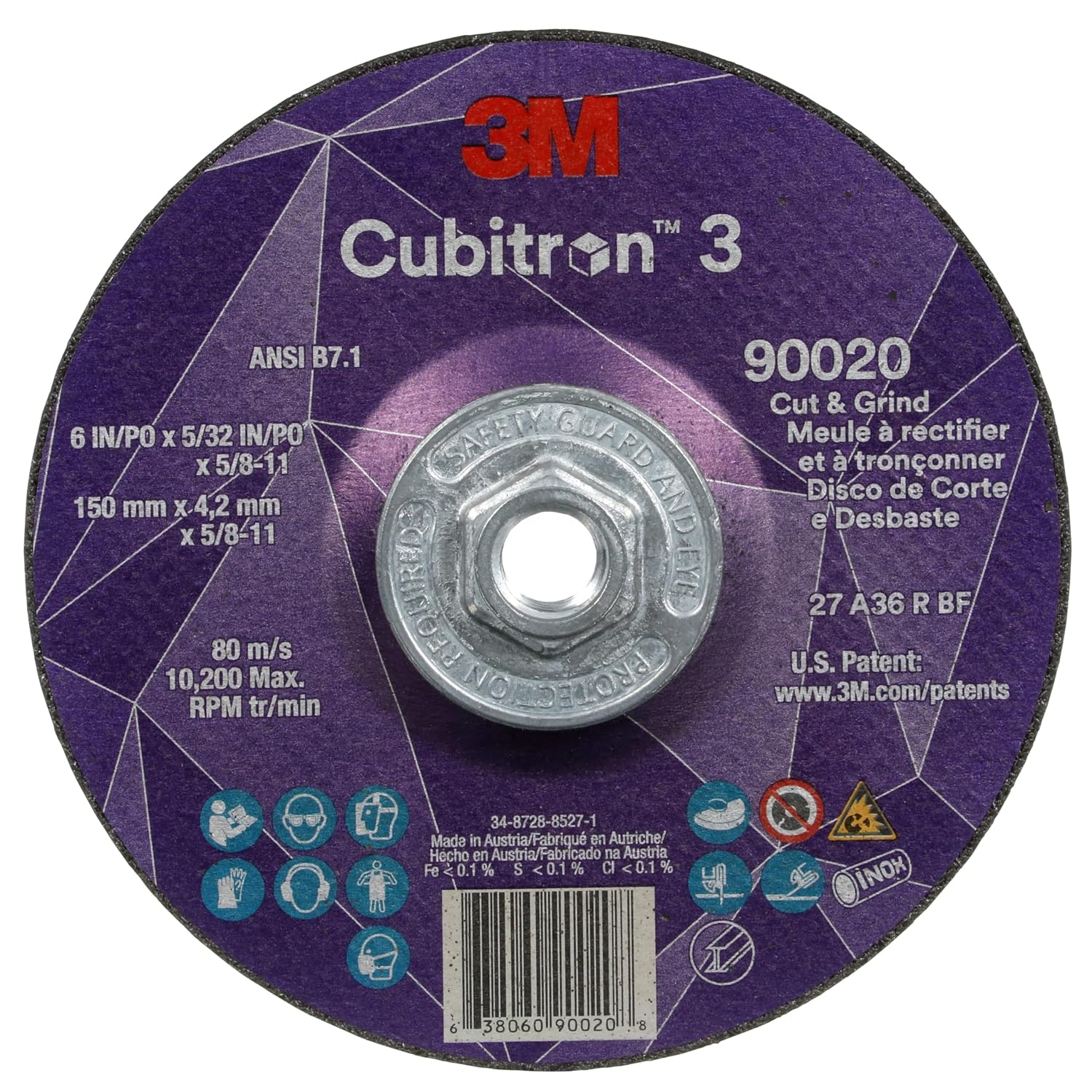 3M Cubitron 3 Cut and Grind Wheel, 90020, 36+, T27, 6 in x 5/32 in x 5/8 in-11, Pack of 10, ANSI, Longer Life, Faster Cut, Back-Gouging, Fillet Weld Removal, Cutting, Grinding