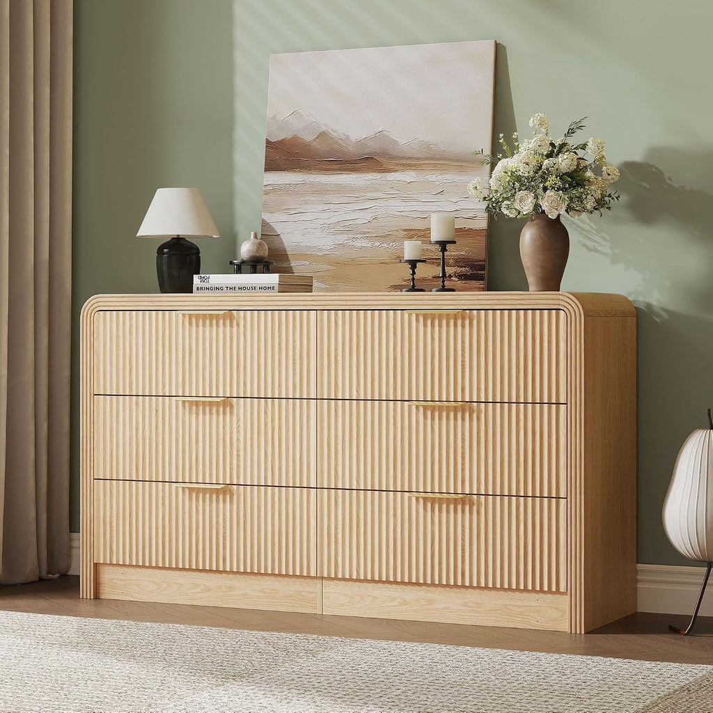 Decofy Fluted Drawers Dresser for Bedroom, Wood Dressers with Gold Handles, Modern Dressers with Wave Texture, Large Storage Chest of Drawers, Bedroom Dresser Organizer 55'' & 6 Drawers (Natural Oak)