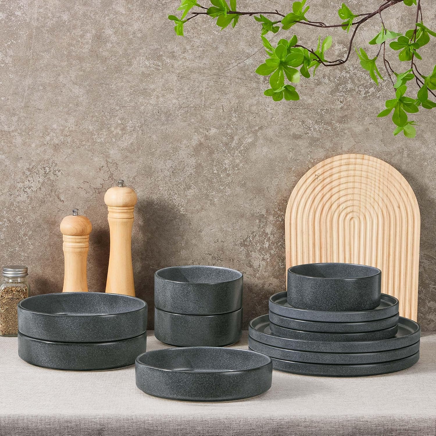 Herogo Dinnerware Dishes Sets with Salad Bowls, 24 Piece Plates and Bowls for 6, Dishwasher & Microwave Safe Ceramic Stoneware for Kitchen, Dark Gray