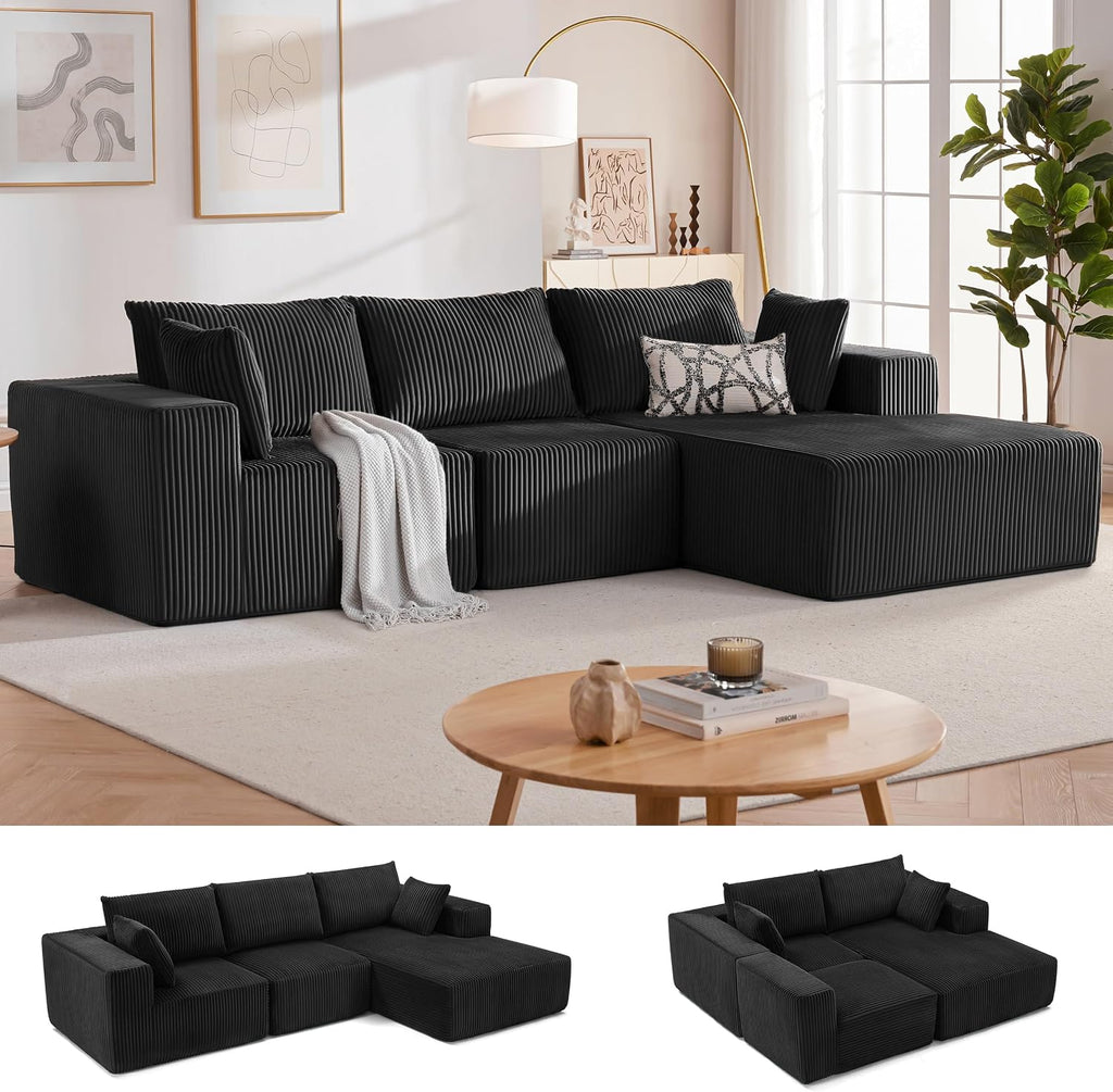 HUATEAN 108' Modular Sectional Sofa, Cloud Sectional Couch with Deep Seat, Modern Modular L-Shape Sofa Couch with Chaise,Upholstered Couches for Living Room Bedroom (Corduroy,Black)