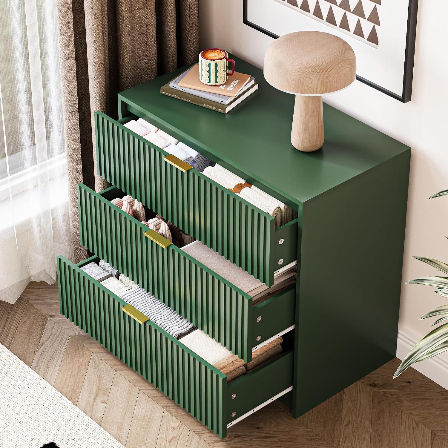 MAISONARIA Green Fluted Dresser for Bedroom, 32 Inch Wide Nightstand with Large Drawer, 3 Drawer End Table for Bedroom, Living Rooms, Offices, and Entryways