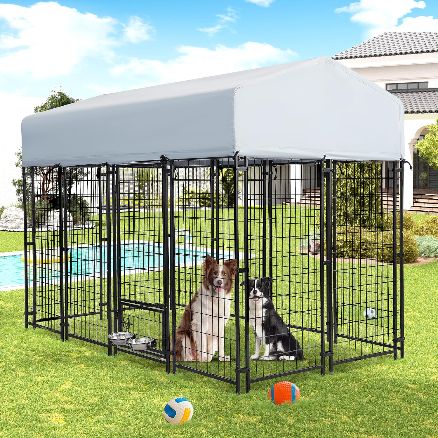 Grepatio Outside Dog Kennel for Large Dogs, 8x4x5.7 FT Outdoor Dog Kennels with Waterproof, Heavy Duty Dog Enclosure with 2 Rotating Dogs Bowls, Dog Run Playpen Fence with Secure Lock