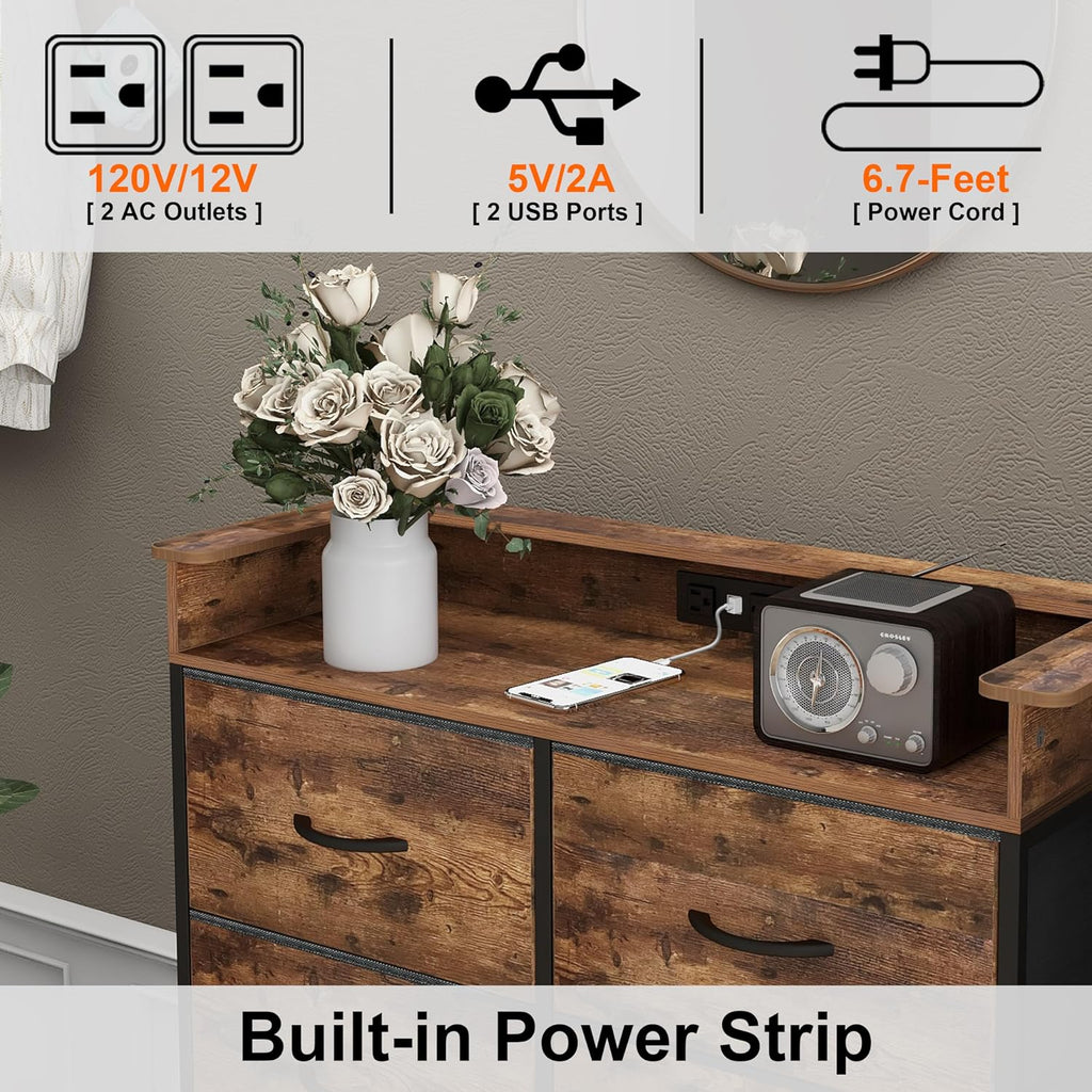 Tall Dresser for Bedroom with Charge Station 8 Drawers Dresser with LED Lights Chest Organizer Units for Hallway Entryway Closets Sturdy Steel Frame Wood Top Easy Pull Handle Rustic Brown