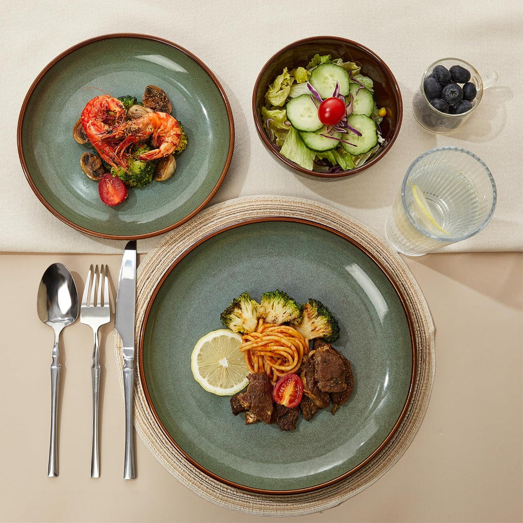 Pokini 36 Piece Stoneware Dinnerware Sets, Ceramic Plates and Bowls Set, Microwave & Dishwasher Safe Kitchen Dish Set, Modern Dinner Salad Plates | Cereal Bowls for 12, Dishware Sets Sage Green