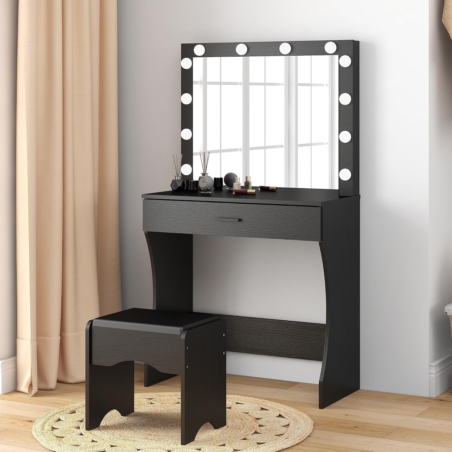 Panana Vanity Desk with Mirror and Lights, Black, Medium Size, Tabletop Mount, Makeup Vanity Table with Stool, Bedroom