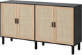 Finnhomy 4 Door Sideboard Buffet Cabinet, Kitchen Storage Cabinet with Rattan Decorated Doors, Cupboard Console Table, Boho Accent Liquor Cabinet, Bar Cabient, 62.3X 15.7X 34.6 Inches, Black