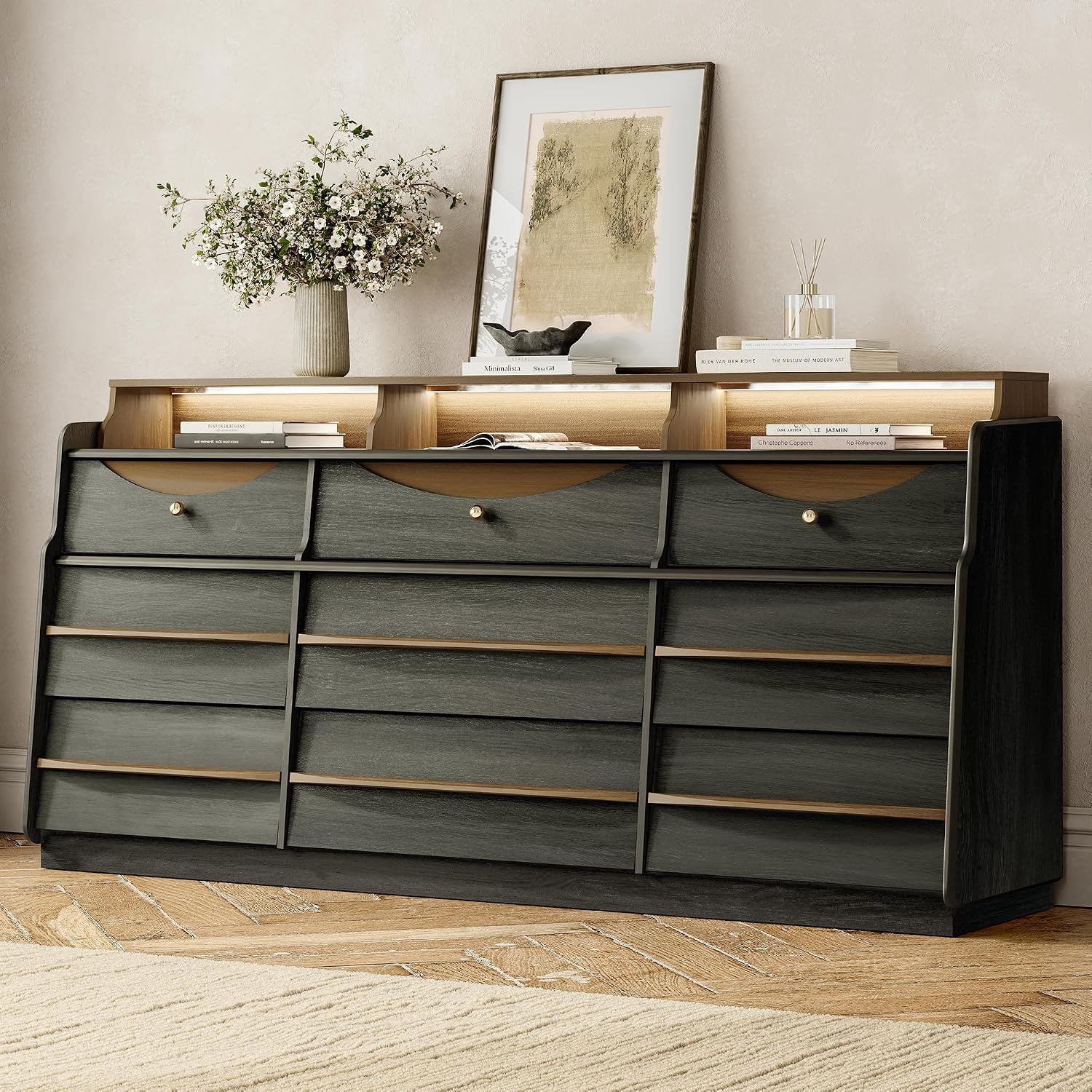 63' W 9-Drawer Black Dresser for Bedroom, Modern Wood Chest of Drawers w/LED Light, Round Knobs & Solid Wood Handles, Long Wooden Dresser TV Stand w/Shelf for TVs up to 75', Curved Profile Design