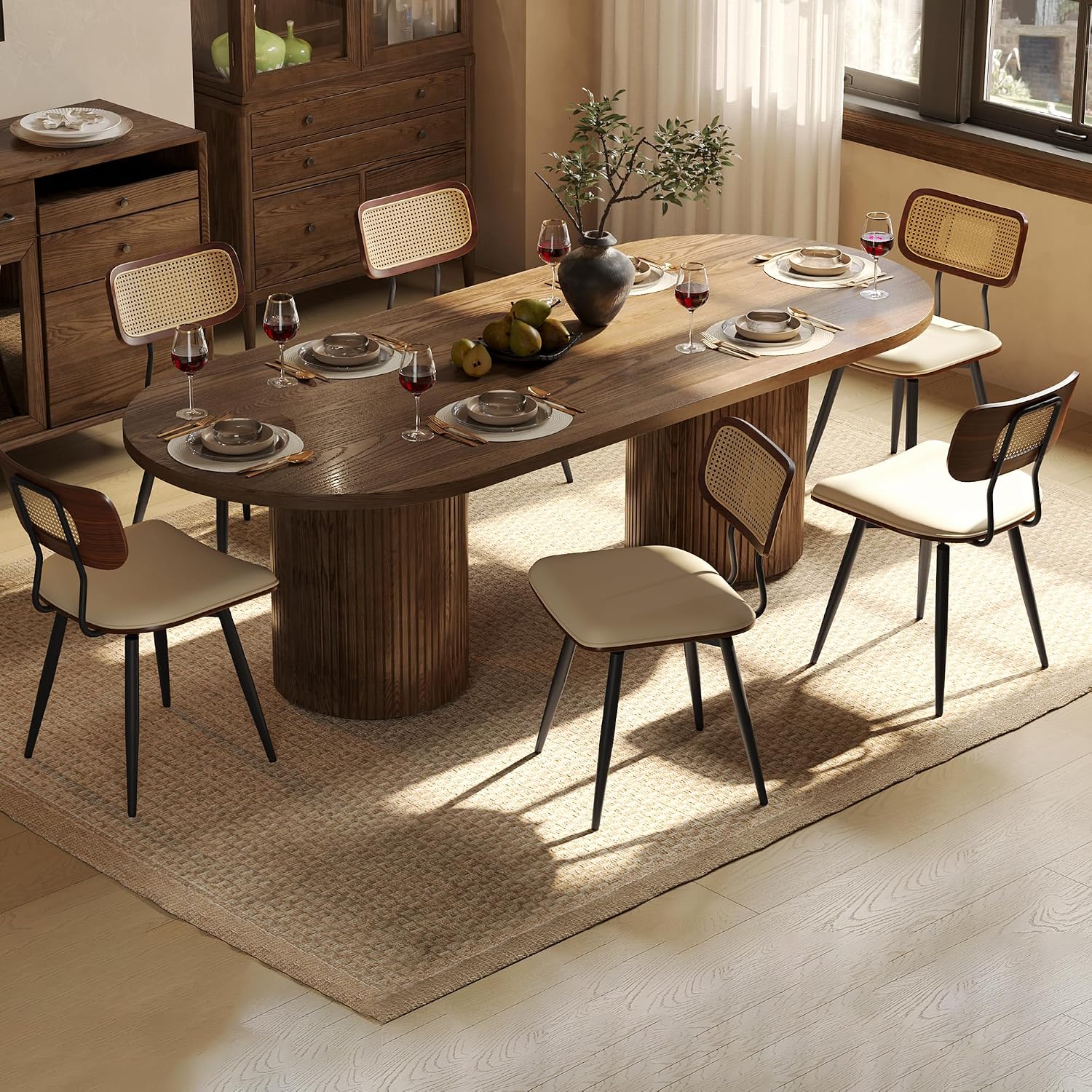 Dining Chairs, Swivel Dining Chairs Set of 6, Faux Leather & Rattan Walnut Dining Room Chairs, Bentwood & Metal Frame Upholstered Chairs with 360°Rotation, Modern Kitchen/Living Room Chairs (Beige)