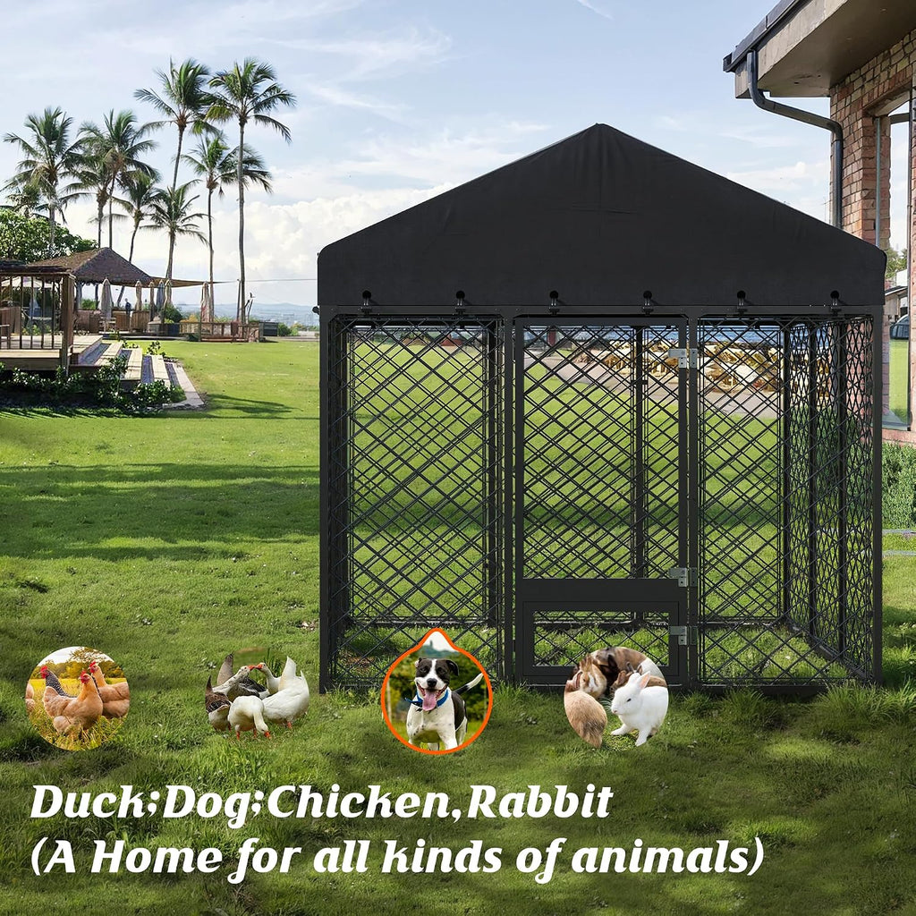 6x6FT Dog Kennel Outdoor with Roof - Heavy Duty Metal Fence Playpen for Large Dogs, Weatherproof Enclosure with Double Lock Gate & Feeding Swivel Door
