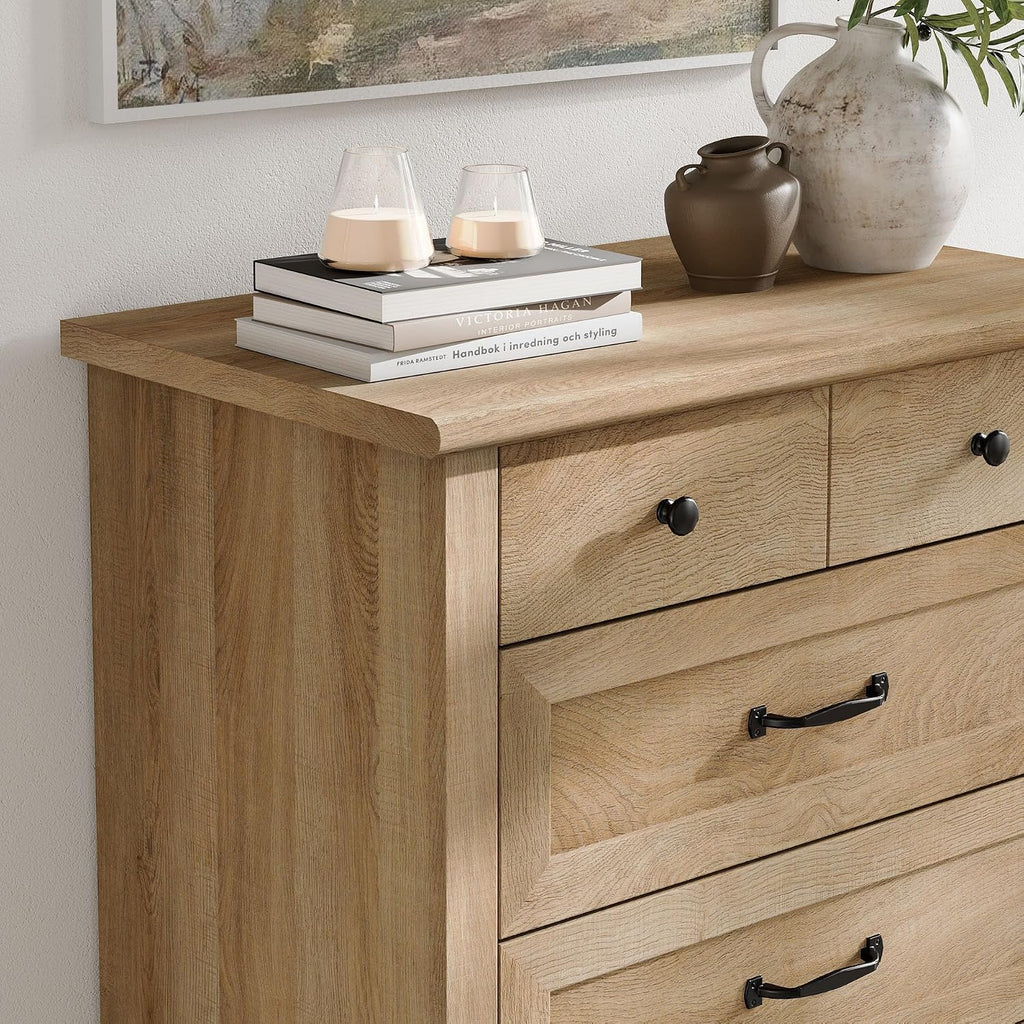 WAMPAT Oak Dresser for Bedroom with 5 Drawers, Tall Kids Dressers with Chest of Drawers, Farmhouse Light Wood Storage Organizer, Samll Dressers for Living Room, Nursery, Hallway