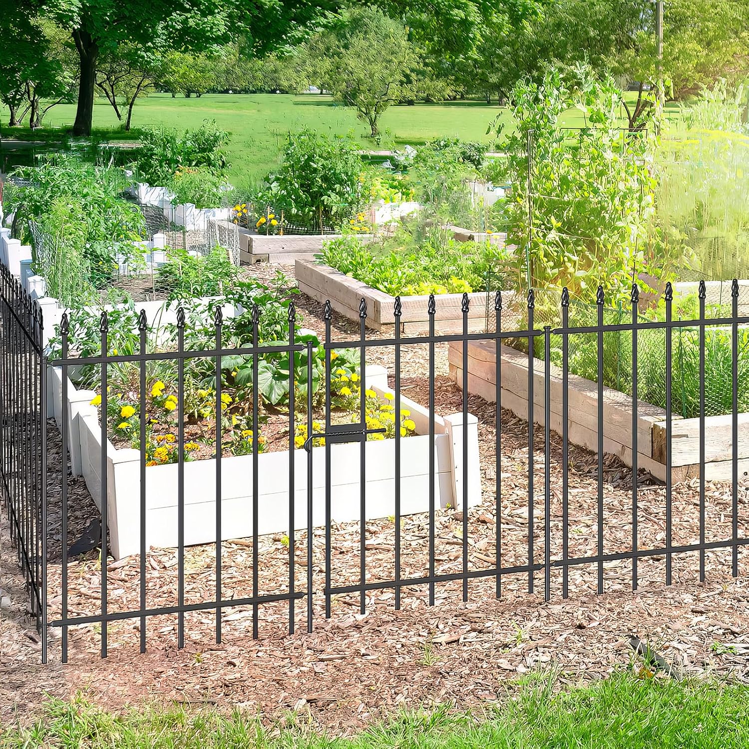 FOREHOGAR Metal Garden Fence with Gate 30 in H x 10 ft L, 1 Gate + 4 Panels Border Fence Panels Animal Barrier for Dogs, No Dig Garden Fencing for Yard Patio Flower Bed Lawn Outdoor, Black