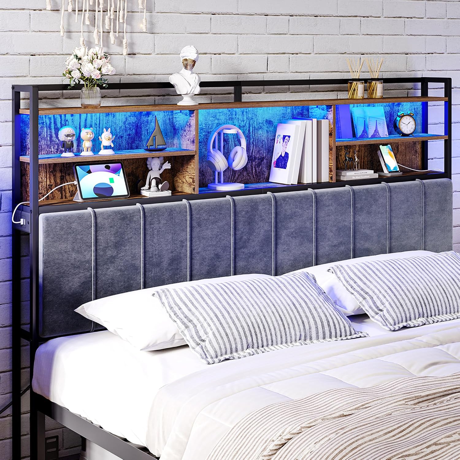 Hzuaneri Headboard with 3-Tier Storage Shelves, Velvet Upholstered Head Board with 2 Outlets, USB Ports & LED Light, Soft Backrest for King Size Bed Rustic Brown and Black BH19401B