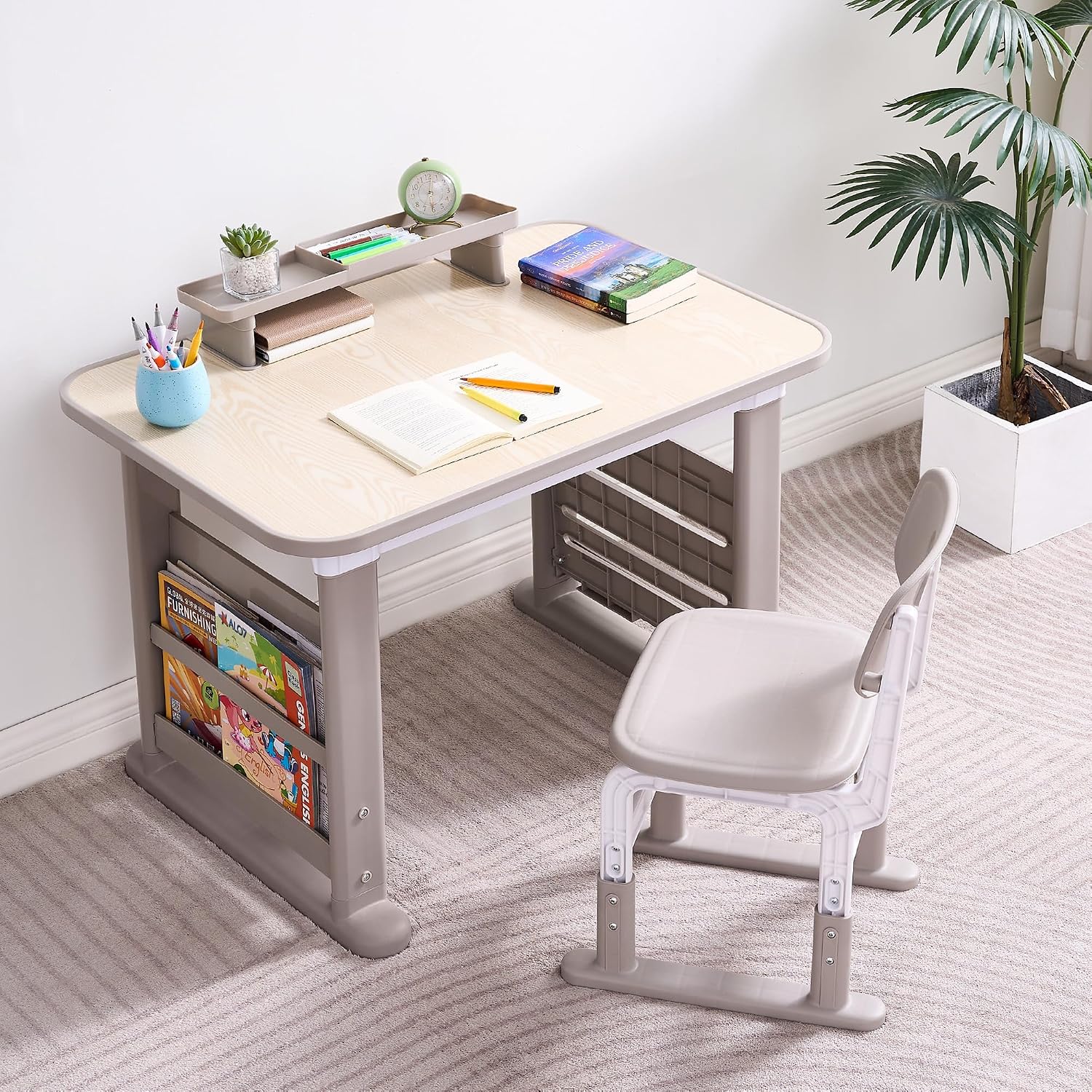 GITAWUSA Kids Desk and Chair Set, Height Adjustable Childrens Study Desk, Graffiti Table for 3-12 Years, Kids Art Table with Side Bookshelf and Storage, Multi-Functional for Bedroom & Study Room(Grey)
