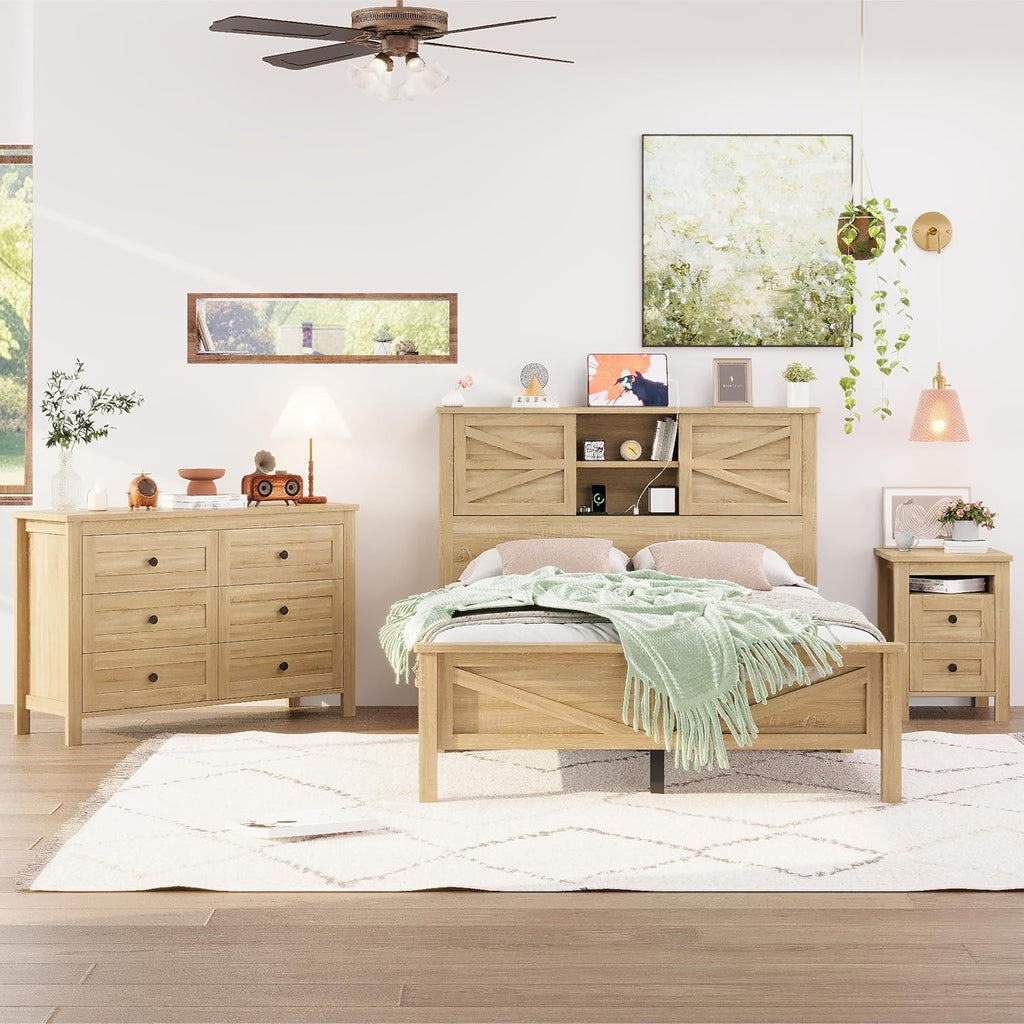 3-Pieces Full Size Bedroom Sets, Farmhouse Platform Bed with Double Sliding Door USB Storage Headboard, 3PCS Bedroom Sets with Cabinet and Nightstands, Kids Adults, Natural