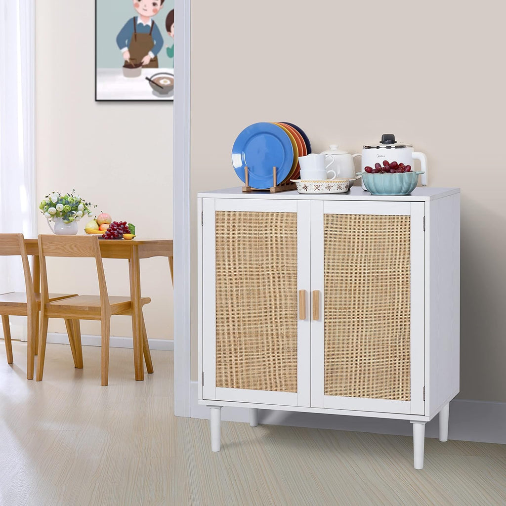 Finnhomy Sideboard Buffet Cabinet, Kitchen Storage Console with Rattan Decorated Doors, Liquor Buffet, Dining Room, Hallway, Cupboard Console Table, Accent Cabinet, 31.5X 15.8X 34.6 Inches, White