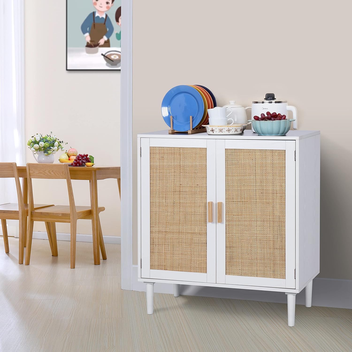 Finnhomy Sideboard Buffet Cabinet, Kitchen Storage Console with Rattan Decorated Doors, Liquor Buffet, Dining Room, Hallway, Cupboard Console Table, Accent Cabinet, 31.5X 15.8X 34.6 Inches, White
