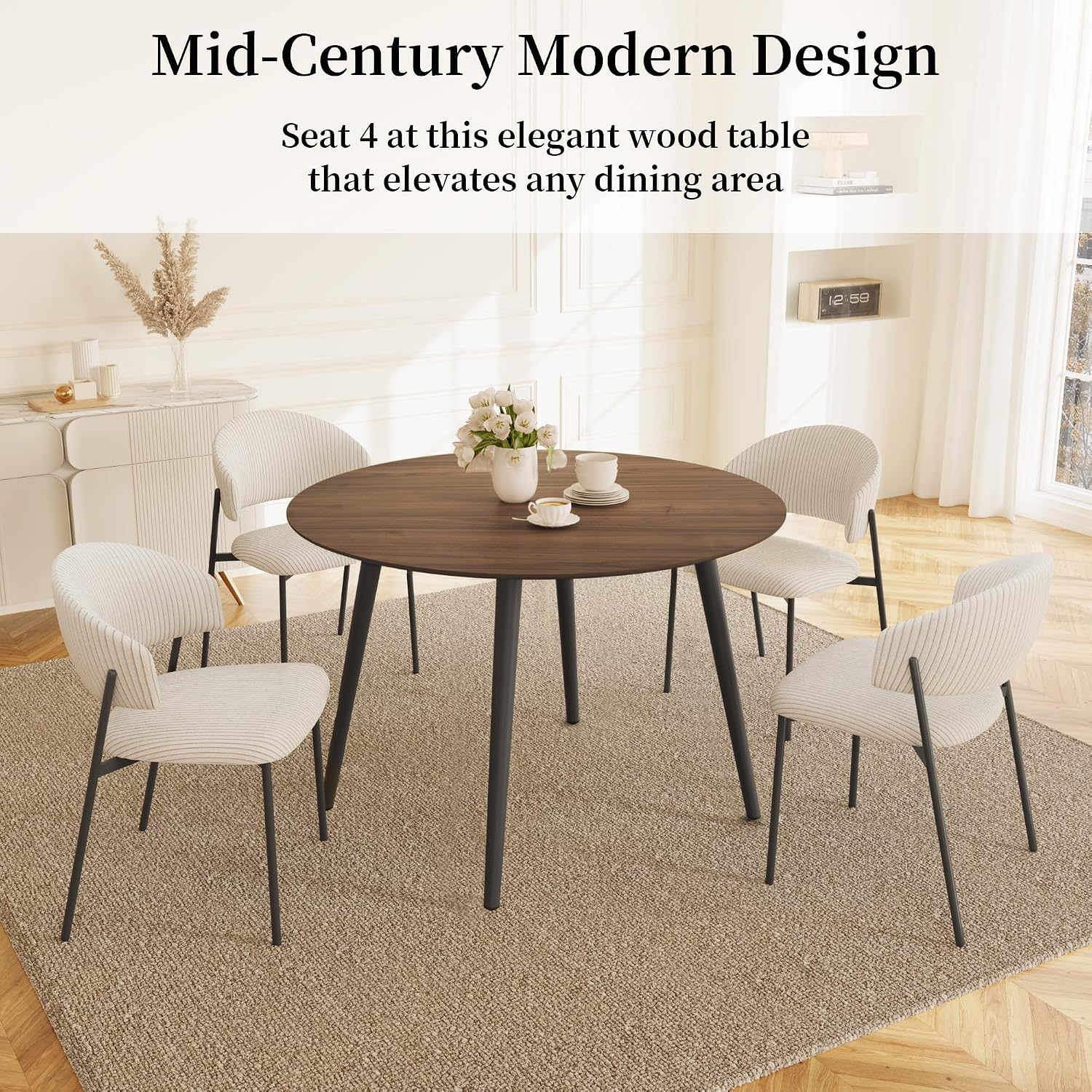 HIPIHOM 43.3 Inch Round Dining Table Set for 4, Modern Small Kitchen Coffee Set for Dining Room Kitchen Apartment (Walnut Table + 4 White Shell Chairs)