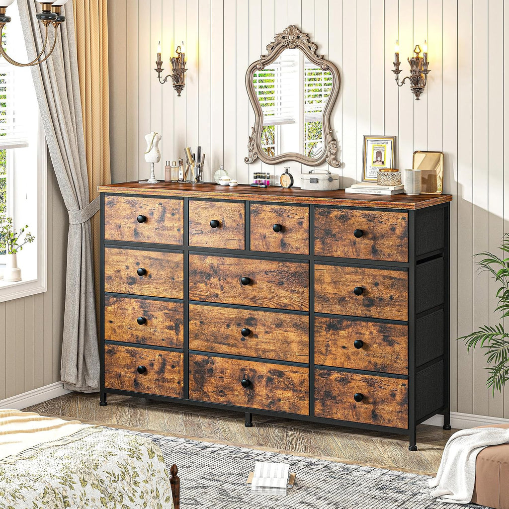 EnHomee Dresser for Bedroom with 13 Fabric Dresser, TV Stand for 40,50,55 inch Tv, Dressers & Chest of Drawers for Living Room, Hallway, Entryway, Apartment Metal Frame, Rustic Brown